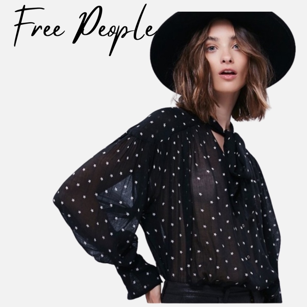Free People Black Sheer Star With Neck Tie Blouse